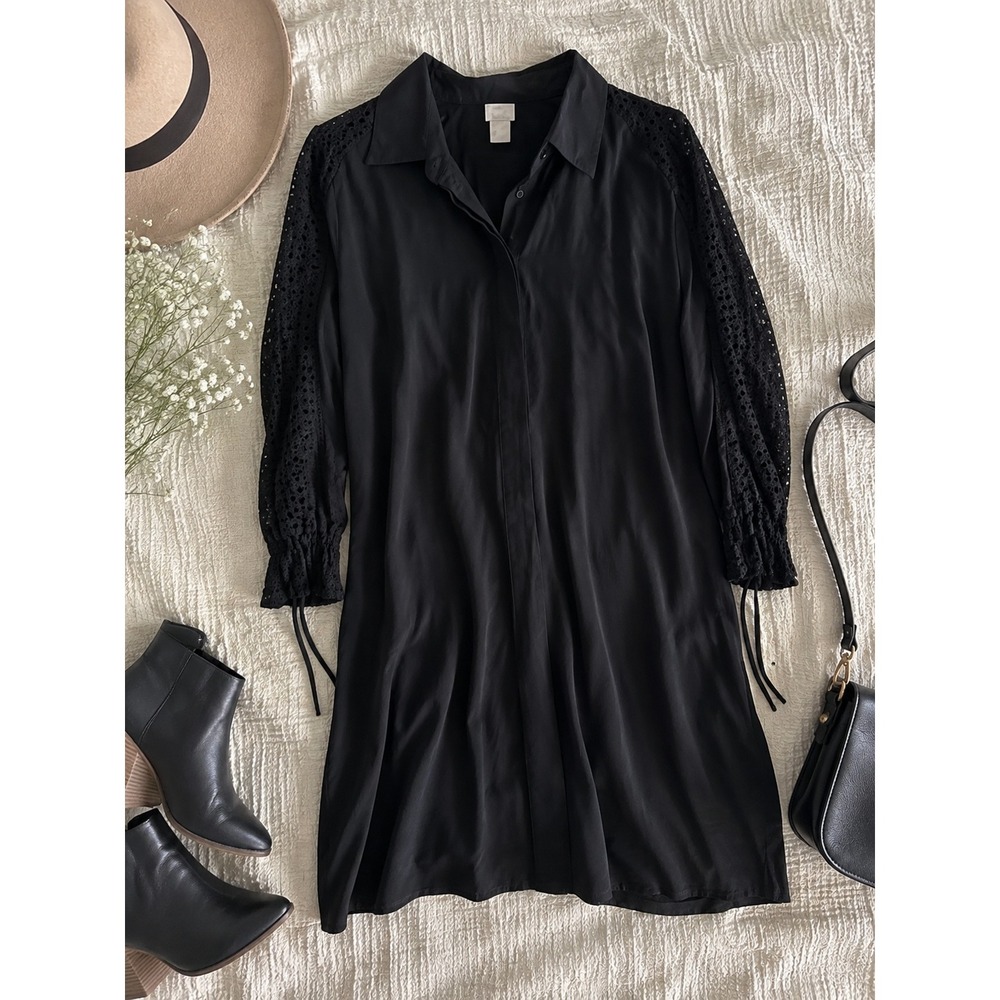 Chicos Black Eyelet Sleeve Shirt Dress Button Front Drawstring Cuff Size 4